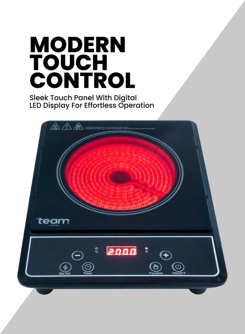 TEAM Infrared Cooker 2000W with Digital LED Display, Black Crystal Plate, 10 Power Levels, Button Control, Timer Function - Image 3
